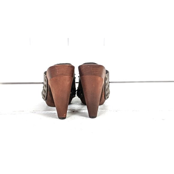 Nine West suede leather high heel wooden platform studded peep toe clog mules 6 - Picture 6 of 7